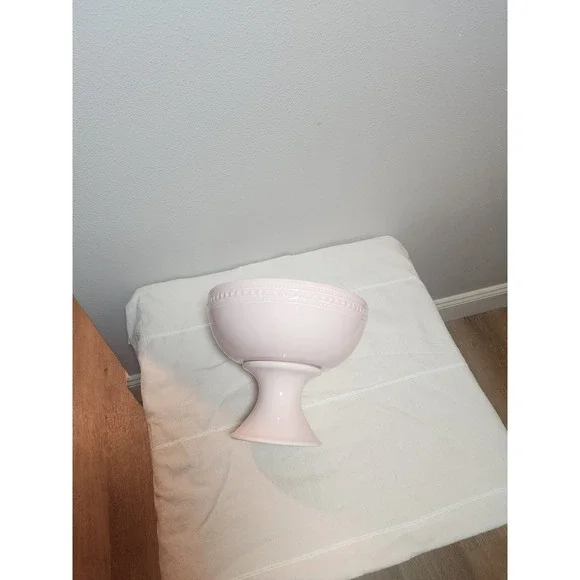 Portugal Pink Ceramic Pedestal Bowl Beaded Rim Footed Compote Dish Centerpiece