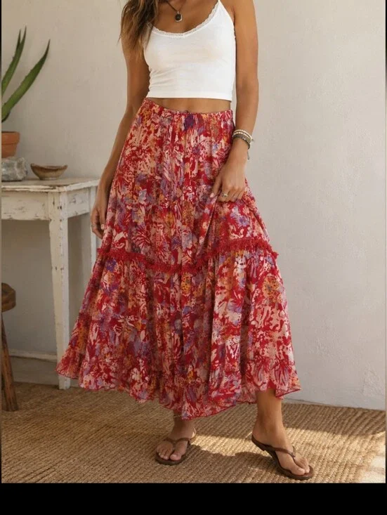 Free People Kahlo Printed Halter Red Floral Tiered Maxy Skirt