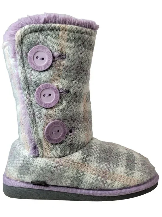 Muk Luks Girls Malena Sweater Knit Boots Purple Gray Size 2 Plaid Mid Height
