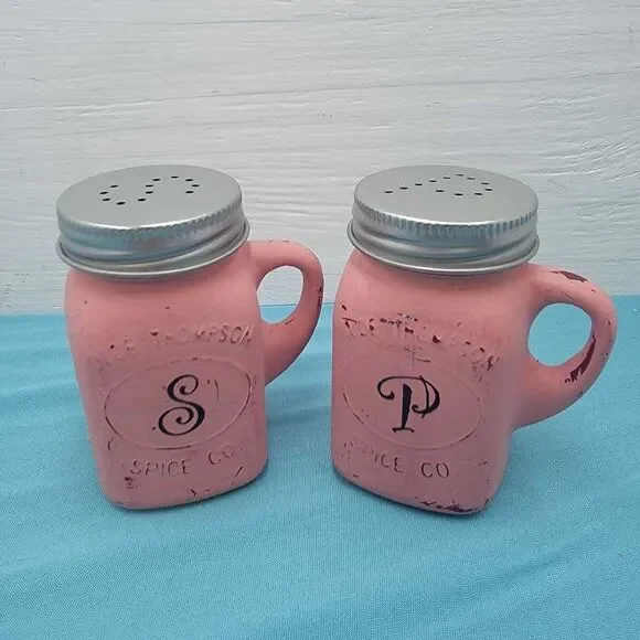Pink Coral Mason Jar Salt Pepper Shakers Set Handle Farmhouse Kitchen Decor