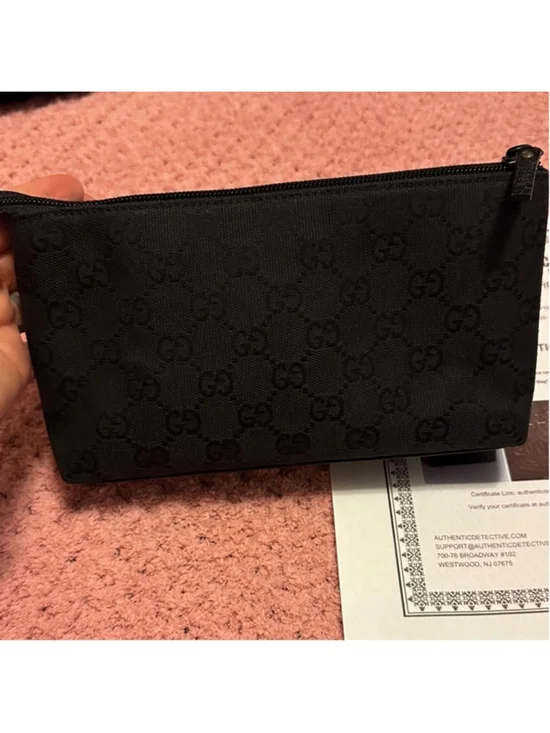 Authentic Gucci GG Black Canvas/Leather, Monogram Cosmetic Pouch With COA