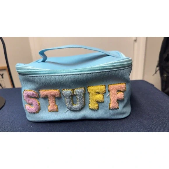 Blue STUFF Chenille Patch Cosmetic Bag Faux Leather Makeup Vanity Case