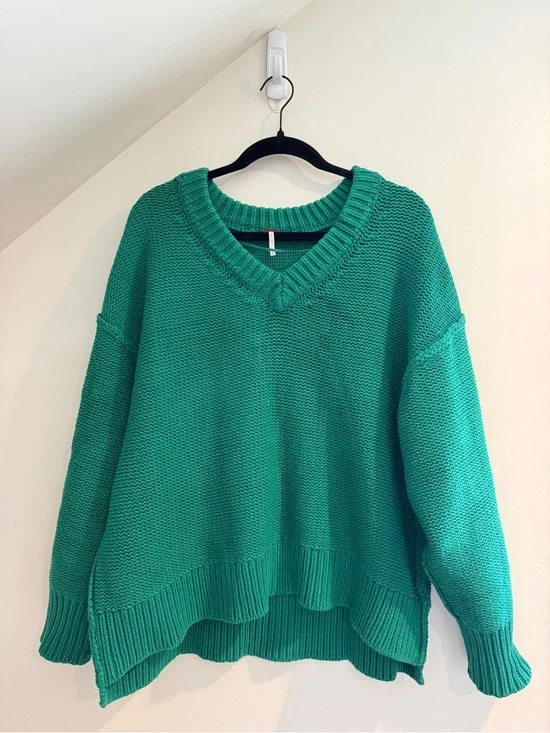Free People Teal Green Oversized Alli V-Neck Knit Sweater