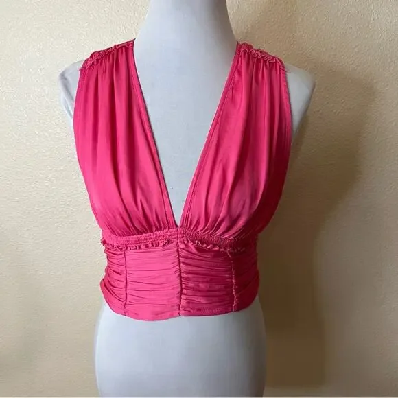 Free People FP Hot Pink Deep V-neck Satin Wrap Tie Waist Crop Top Size XS