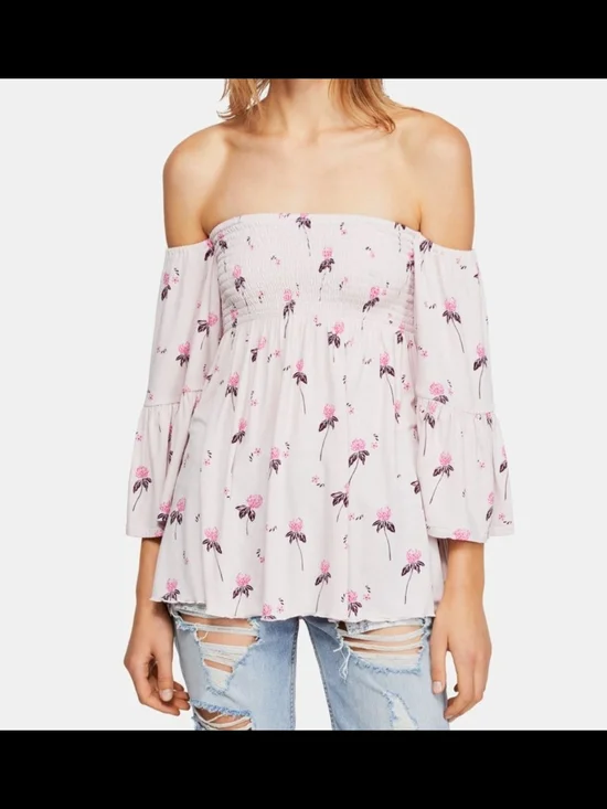 Free People Boho Floral Off-Shoulder Pink Top