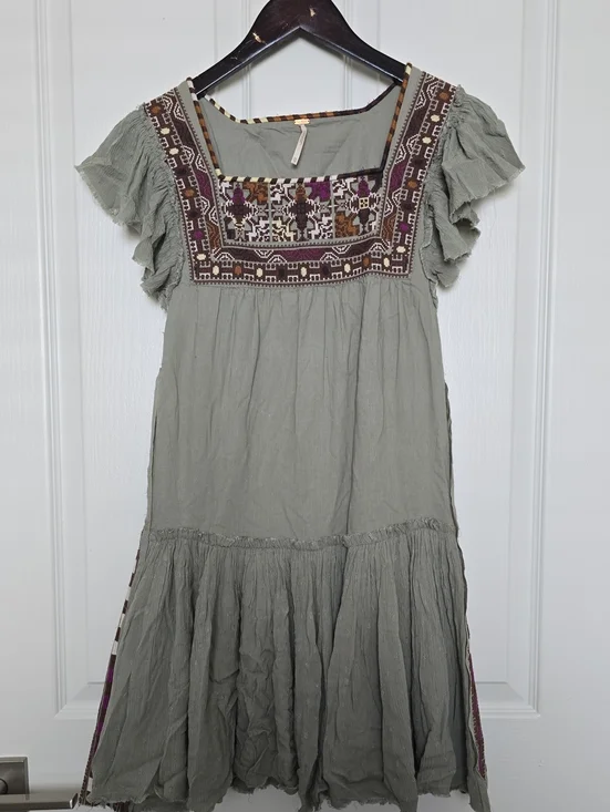 Free People Olive Green Embroidered Square-Yoke Midi Dress with Multicolor Trim