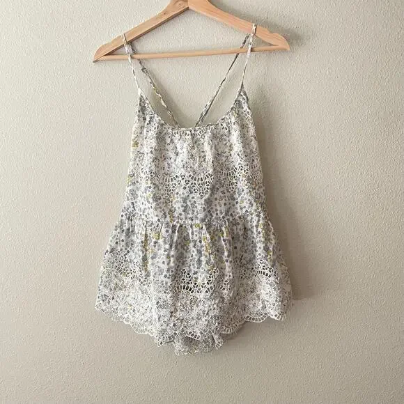 Free People Floral Babydoll Eyelet Tank Top Cottage Boho Soft Girl | Size S