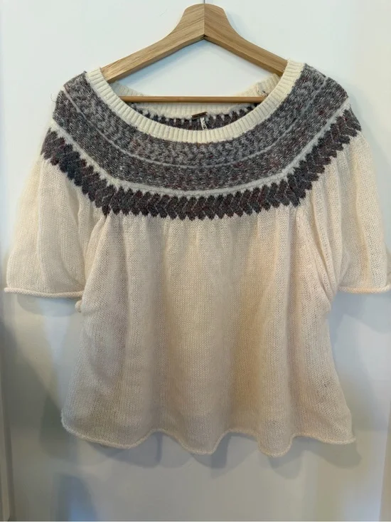 Free People Cream Knit Sweater with Multicolor Fair Isle Yoke oversized