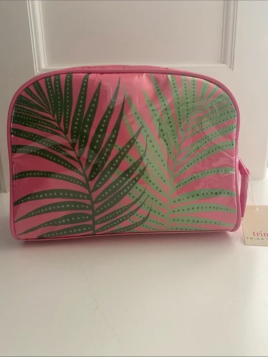Trina Turk Pink Cosmetic Bag with Green Palm Print