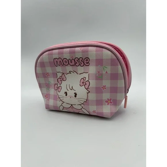 Mousse Cat Pink Gingham Cosmetic Bag Zippered Makeup Pouch Travel Case
