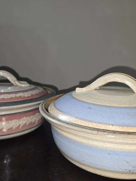 Handcrafted Ceramic Covered Casserole - Blue & Beige