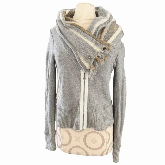 Free People Sweater Small Faux Scarf  Cowl Neck Gray Wool Zip Crop Jacket Knit