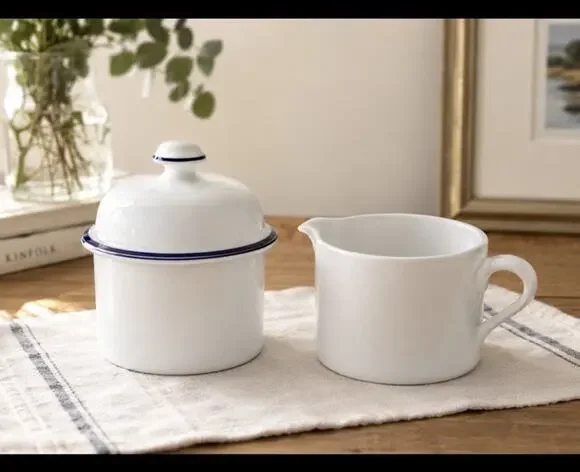 Dansk Bistro Christianshavn Cream and Covered Sugar Bowl Set White Blue Stripes
