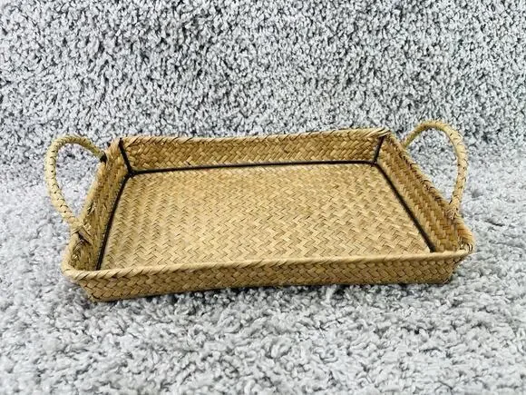 Rectangular Tray w/Handles Metal Frame Inside Weaved Basket Brown Home Decor