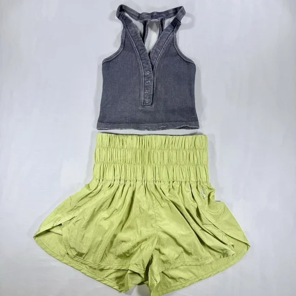 FP Movement 2-Piece Workout Set XS Grey Ribbed Crop Tank Pomelo Way Home Shorts