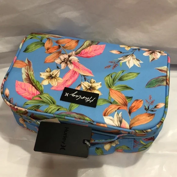 Hurley blue tropical floral print vinyl zip around makeup cosmetics‎ beauty case