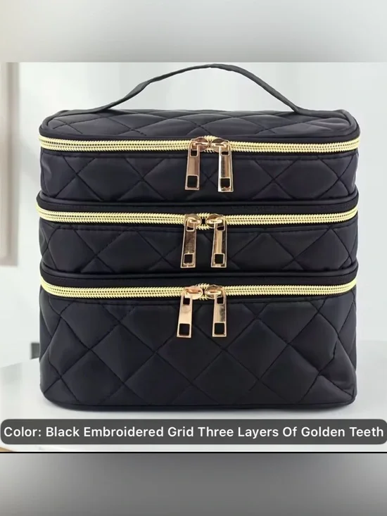 Black Quilted Triple-Compartment Travel large rhombus cosmetic  Case