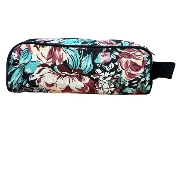Vintage 93 Avon Floral Travel Cosmetic Bag Black Pink White Blue