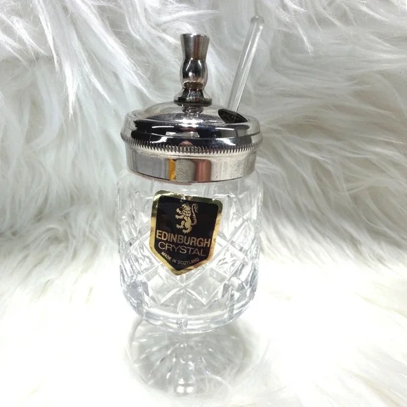 Edinburgh Crystal Jam Jar Preserve Pot w/ Silverplate Lid & Glass Spoon Scotland
