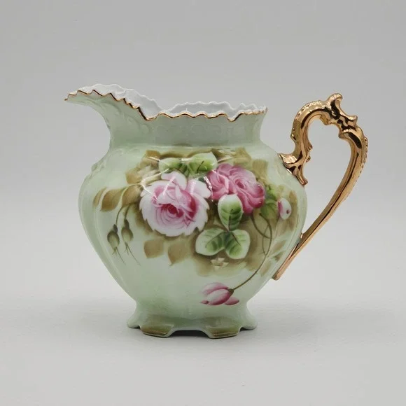 Vintage Lefton Rose Pitcher Hand Painted Green Porcelain Gold Trim 796