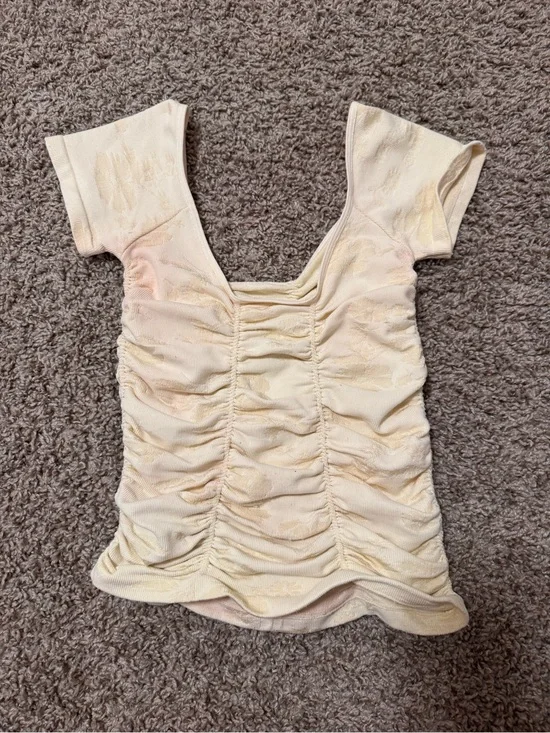 Free People Pale Yellow Ruched Square-Neck Crop Top