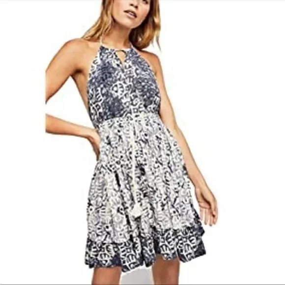 FREE PEOPLE | Beach Day Halter Mini Dress Keyhole Cutout Print Women’s Size S