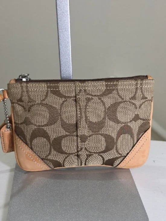 Coach Jacguard Signature Canvas Small Wristlet Pouch in Brown/Tan