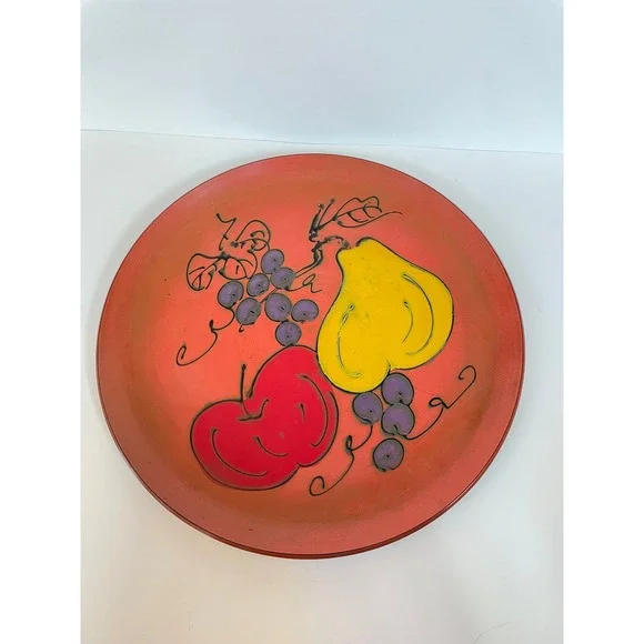 Vintage Hand Painted Laquerware Fruit Platter Round Decorative Bowl Red 13 Inch