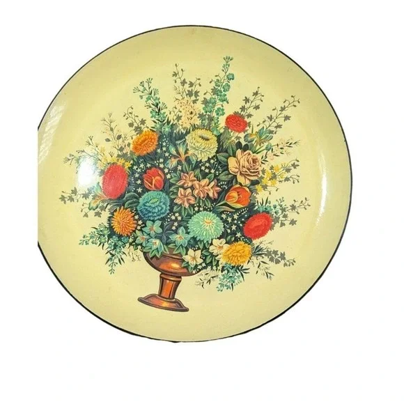 Vintage 13in Round Japanese Floral Papier-Mache lacquer Serving‎ Tray Yellow MCM