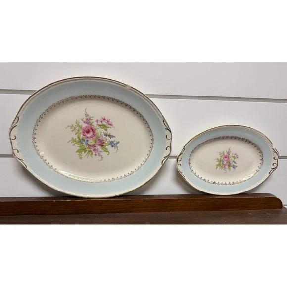 Vintage Floral Oval Serving Platter Set Blue Gold Gilt Scalloped Edge 2 Piece