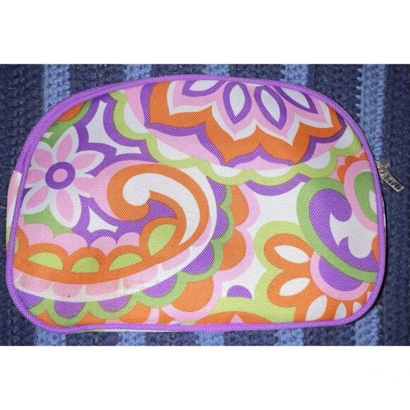 Clinique Makeup Travel Bag Pink Purple Green Floral Flowers Zipper 9.5