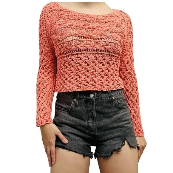 Free People Coral Pink Open Knit‎ Crochet Cable Sweater Womens Medium 23F446X932