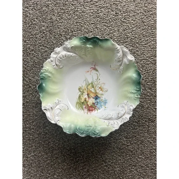 Antique RS Prussia Gold Gild Serving Bowl Hand Painted Green & White Wild Flower