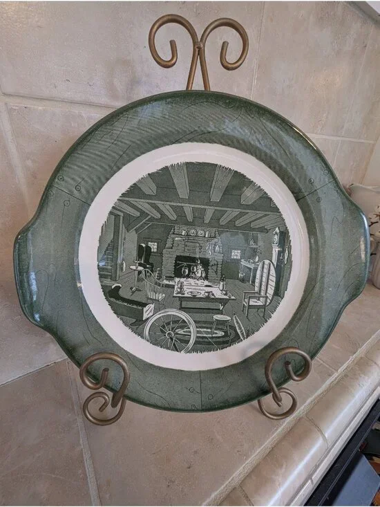 Vintage Colonial Homestead Handled Cake Plate Royal China Green Transferware