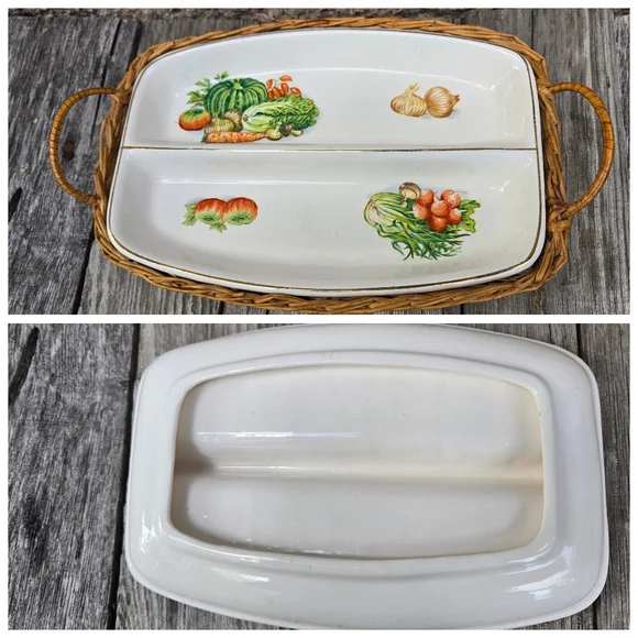 Vtg Divided Dish In Wicker Holder Vegetables Transferware Japan