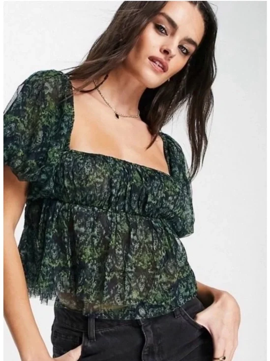 Free People Penelope Smocked Green Top Size  Large