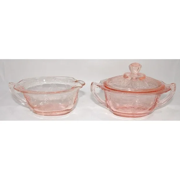 Hocking Glass Pink Depression Glass Princess Sugar Bowl with Lid and Creamer Set
