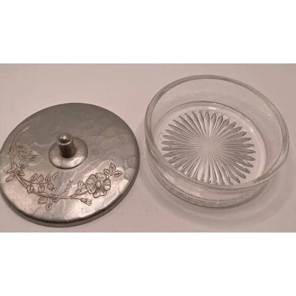 Vintage Glass Dish with  Hand Forge Everlast Metal Aluminum lid