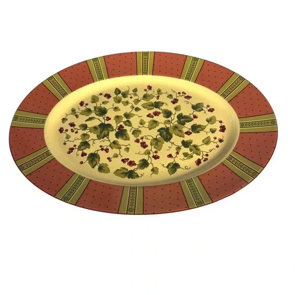 Waverly Garden Room‎ Oval Serving Platter Red Berries Floral Stripe Poland 98
