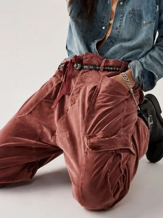 Free People Bay To Breakers Corduroy Cargo Pants XS Russet Red Utility Drawstrin