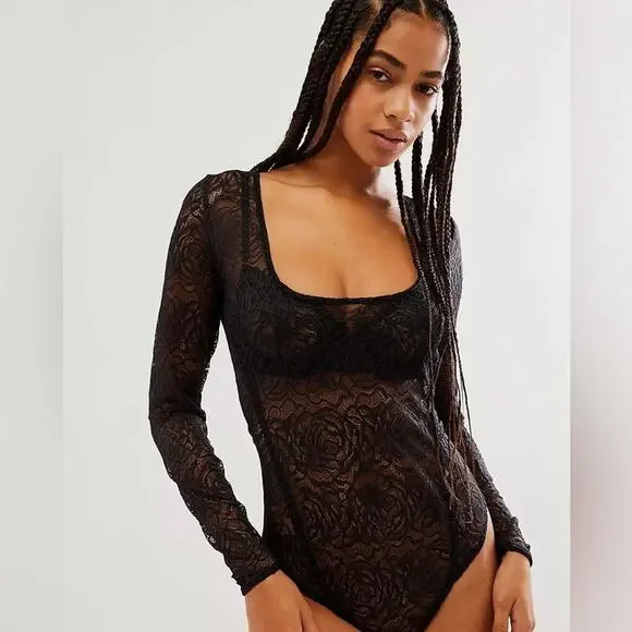 Free People Black Lace In My Head Bodysuit