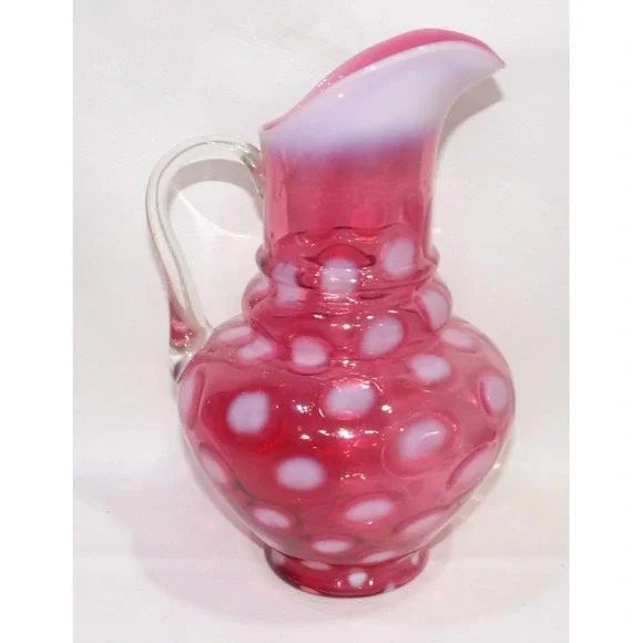 Vintage Cranberry Opalescent Coin Dot Glass Pitcher Ruffled Rim Applied Handle