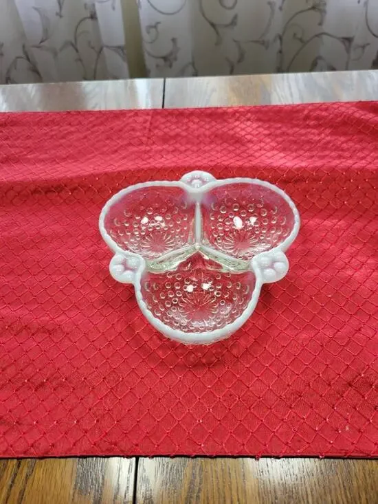 Vintage Anchor Hocking Moonstone Hobnail Opalescent 3 Section Clover Relish Dish