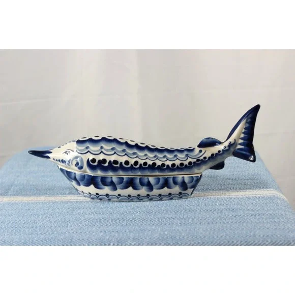 Gzhel Caviar Dish Sturgeon Fish Shape Handmade Blue/White 7