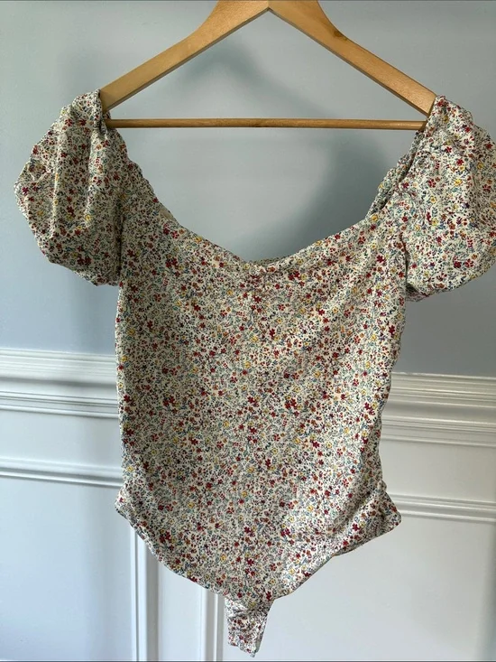 Free People Intimately FP Printed Floral Bella Bodysuit Puff Sleeves L Large