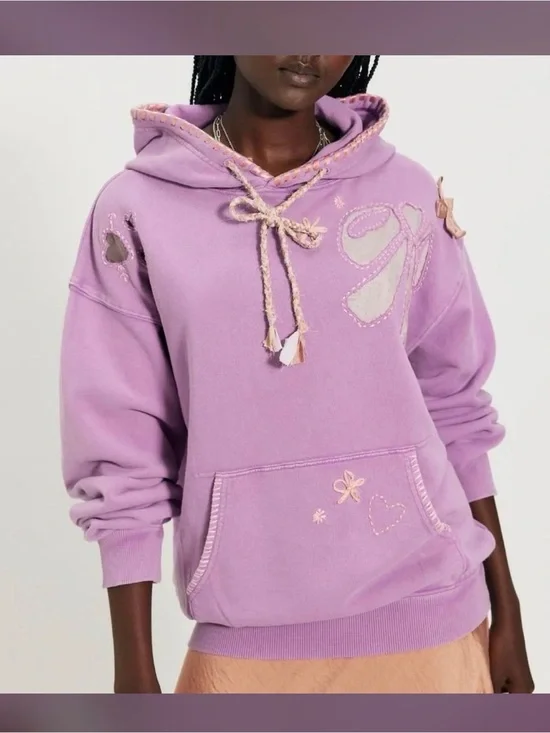 Free People Lilac Embroidered Pullover Hoodie