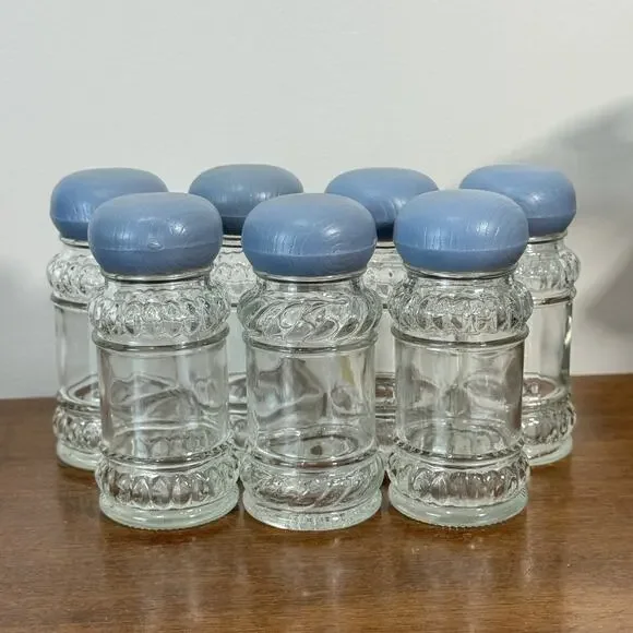 Set of 7 Vintage Clear Glass Shakers with Country Blue Plastic Caps Spice Salt