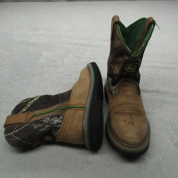 John Deere Kids 11.5M Boots Brown Camo Leather Western Popper Pull-On‎ Outdoor