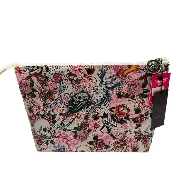 NWT Y2K Ed Hardy Tattoo Graphic Print Canvas White Pink Skull Floral Flame