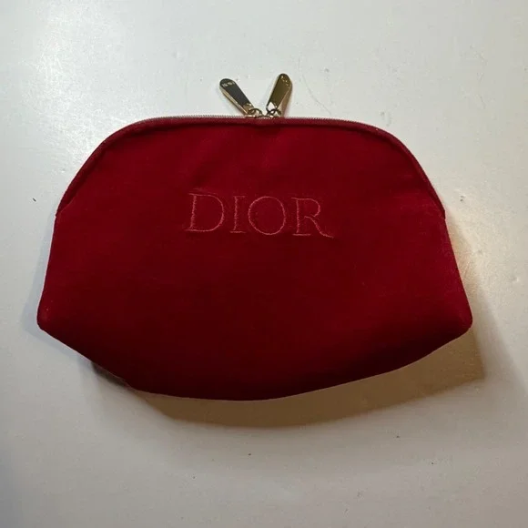 Dior Beauty Red Velvet Cosmetic Pouch Makeup Bag Gold Zipper toiletry bag